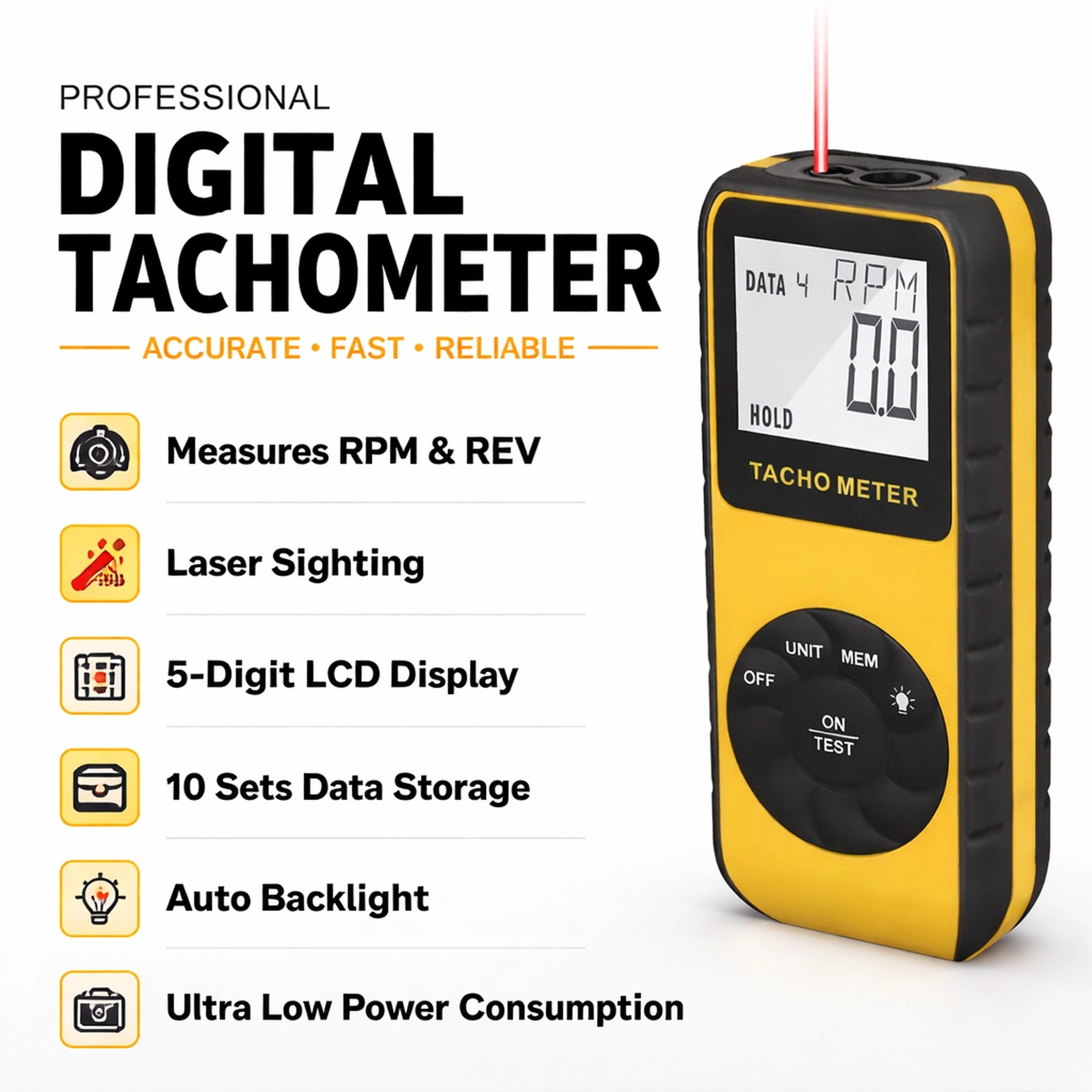 Industrial Laser Tachometer - مقياس سرعة الدوران الرقمي بالليزر بدون